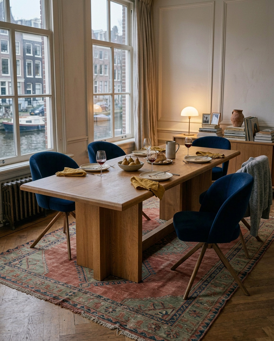 Dies table and navy Elodie chairs after a long dinner overlooking an Amsterdam canal