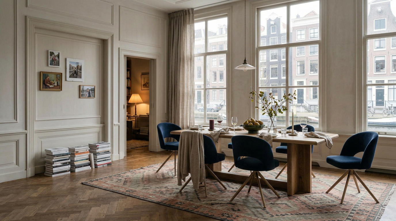 Dies oak dining table with navy Elodie chairs in a lived-in Dutch canal house