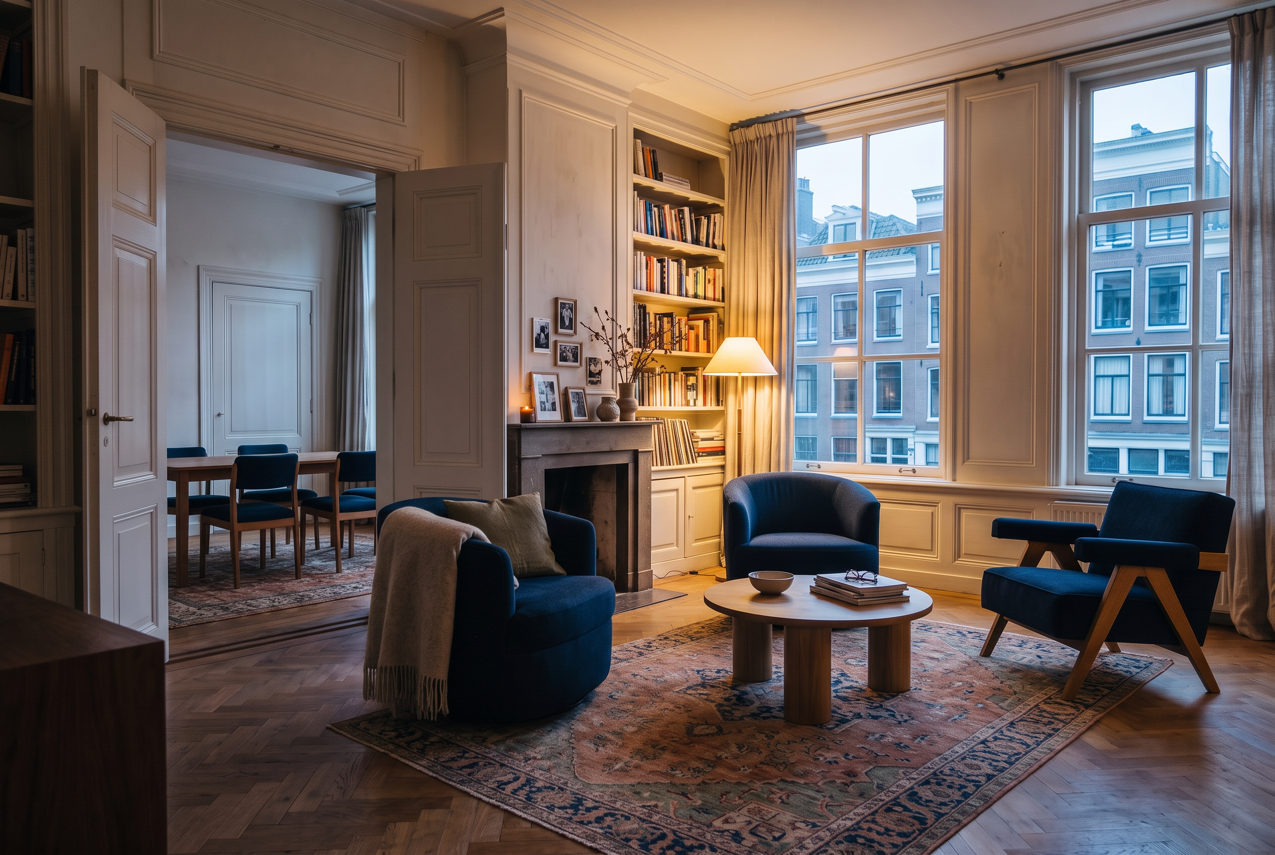 Navy Hardy and Jolie lounge chairs around the Canmore coffee table in a Dutch canal house at dusk